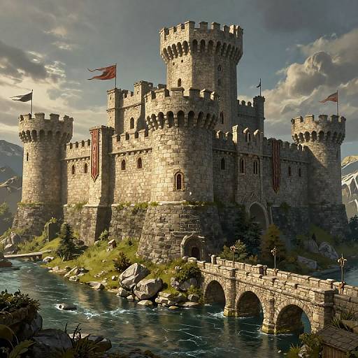Photorealistic CGI of a grand medieval stone castle with four crenelated towers, red and black flags, arched stone bridge over a flowing