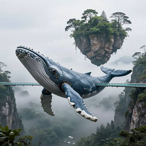 Digital artwork of a massive blue whale flying above misty, cliffside forest, with a floating island and bridge in the background.