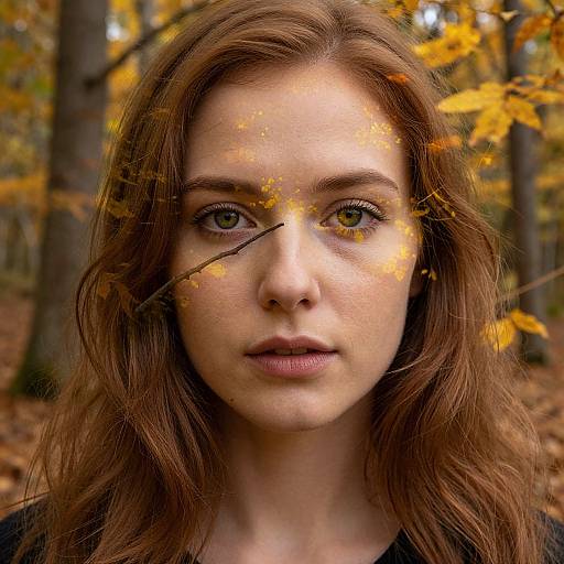 Photograph of a young woman with fair skin, green eyes, and wavy brown hair, standing in a forest with autumn leaves floating in front of