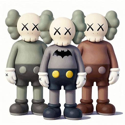 Three cartoonish, X-eyed, white-faced characters with gray, black, and brown outfits, large shoes, and black bat symbol on central figure,