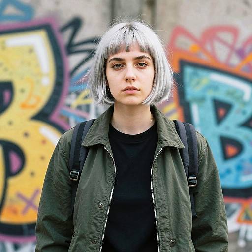 Photograph of a young woman with silver bob haircut, green jacket, black shirt, and backpack, standing against colorful graffiti wall.