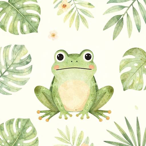 Watercolor illustration of a green frog with large black eyes and pink blush, surrounded by green monstera leaves and small flowers.
