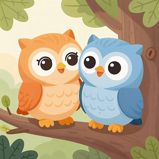 Cute Cartoon Owls Embracing on Branch