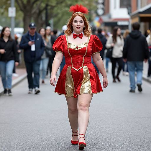 Photograph of a fair-skinned woman with red hair, wearing a red and gold puffed-sleeve dress with a red bow, red head