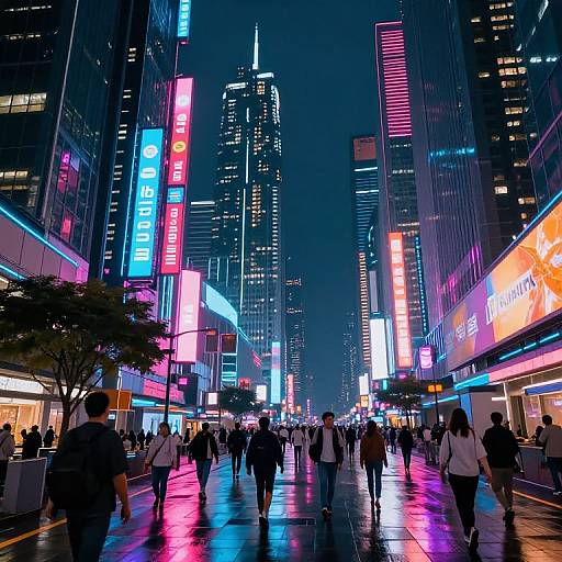 Photograph of a vibrant, neon-lit urban street at night, with crowds of people walking under colorful, illuminated skyscraper signs in a bustling city