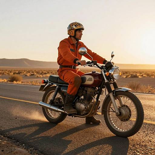 Man on Motorcycle at Desert Sunset
