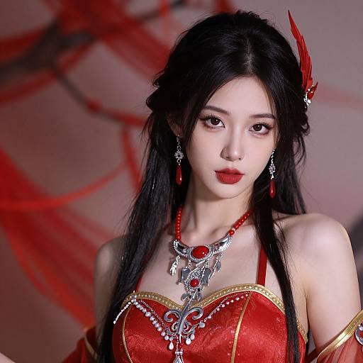 Photograph of an Asian woman with long black hair, red lipstick, wearing a red corset with silver jewelry, red earrings, and red feathered