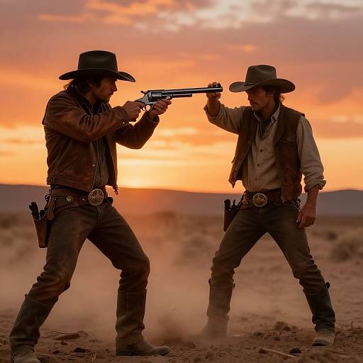 Photograph of two rugged cowboys in a dusty desert at sunset, pointing revolvers at each other, wearing brown hats and vests.