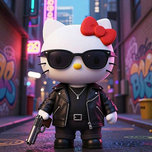 CGI image of Hello Kitty in black leather jacket, sunglasses, red bow, holding gun, standing on neon-lit urban street.