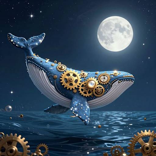 Steampunk Whale in Starlit Ocean