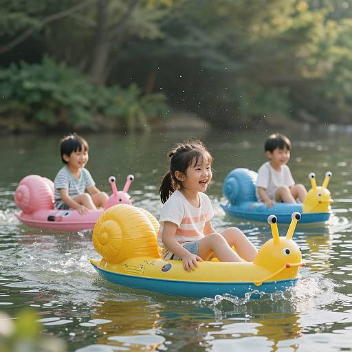 Photograph of three Asian children in inflatable duck-shaped boats, smiling, splashing in a sunny, forested lake, wearing casual summer clothes.