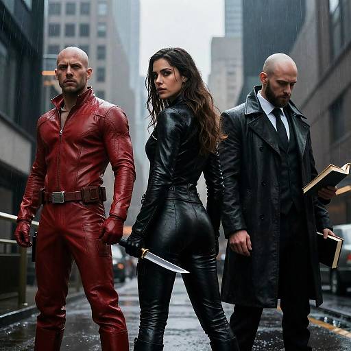 Dynamic Trio of Heroes in Rainy City