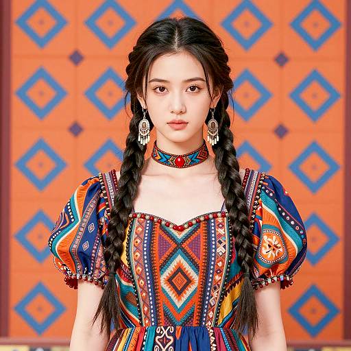 Young Woman in Traditional Colorful Dress with Braided Hair