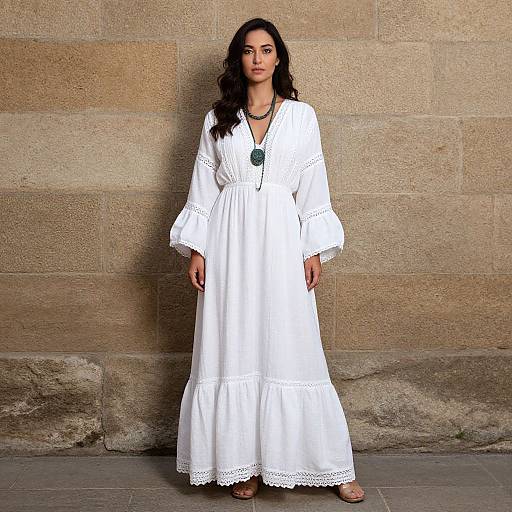 Photograph of a woman with dark wavy hair wearing a long, white, embroidered dress, standing against a beige stone wall.