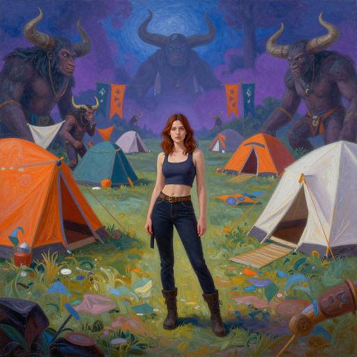 Digital painting of a confident woman with red hair and black tank top, jeans, and boots standing in a colorful, mystical campsite with minotaur