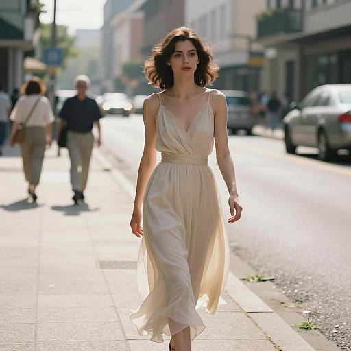 Woman Walking in Flowing Dress on City Street