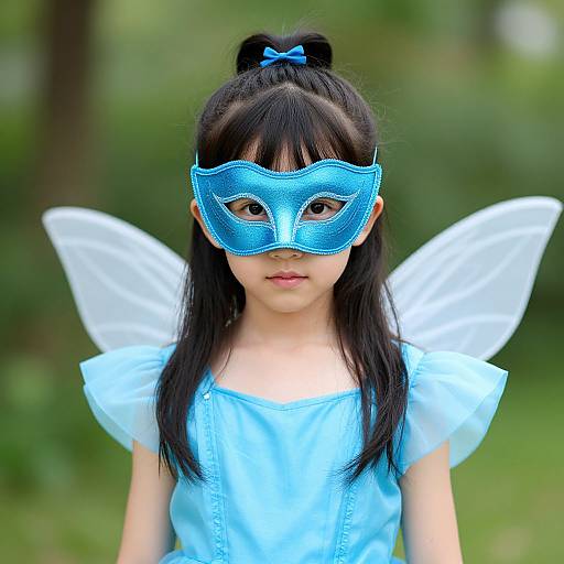 Photograph of an Asian girl with long black hair, blue mask, fairy wings, and blue dress, standing in a green, blurry outdoor background.