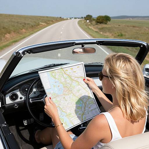 Blonde woman in white tank top, sunglasses driving convertible, holding map, on empty road through flat, green landscape. Photograph.