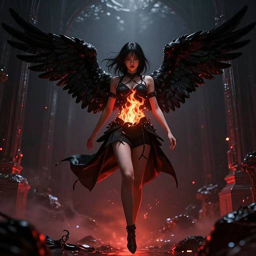 Dark Female Angel with Black Wings and Flaming Stomach