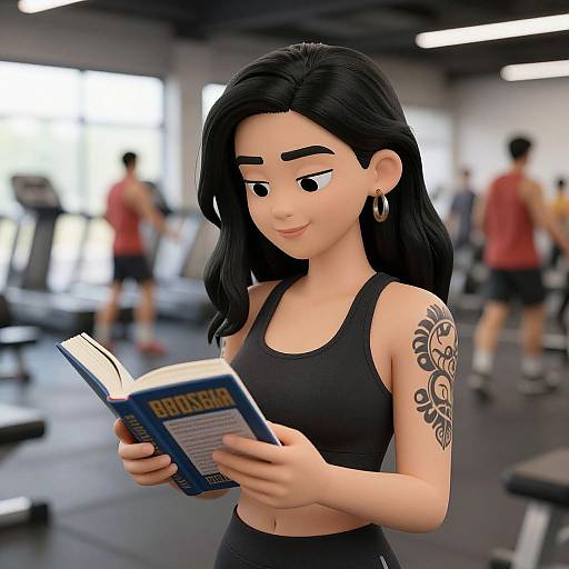 Digital drawing of a black-haired woman with a floral tattoo, wearing a black sports bra, reading 