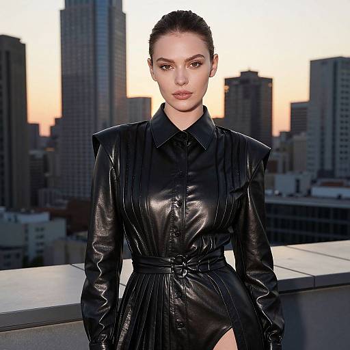 Photograph of a pale-skinned, dark-haired woman with intense gaze, wearing a black, glossy leather dress with high shoulders, standing on a rooftop
