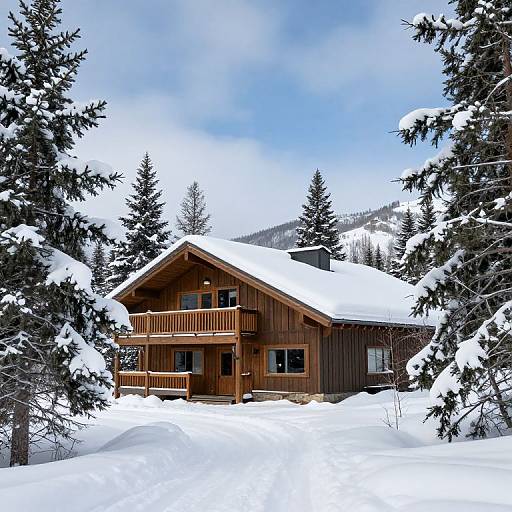 Photograph of a wooden chalet with a snow-covered roof, surrounded by snow-laden evergreen trees, under a bright blue sky. Mountainous