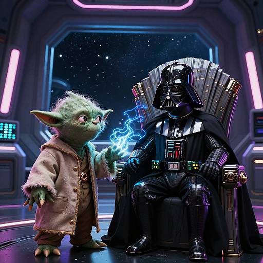 Yoda and Darth Vader Standoff in Futuristic Space Station