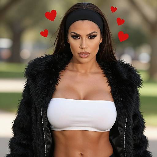 Photorealistic digital image of a fit, dark-haired woman with large breasts, wearing a black fur jacket and white tube top, with red hearts above