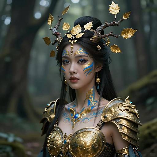 Fantasy Woman in Golden Armor with Mystical Headpiece