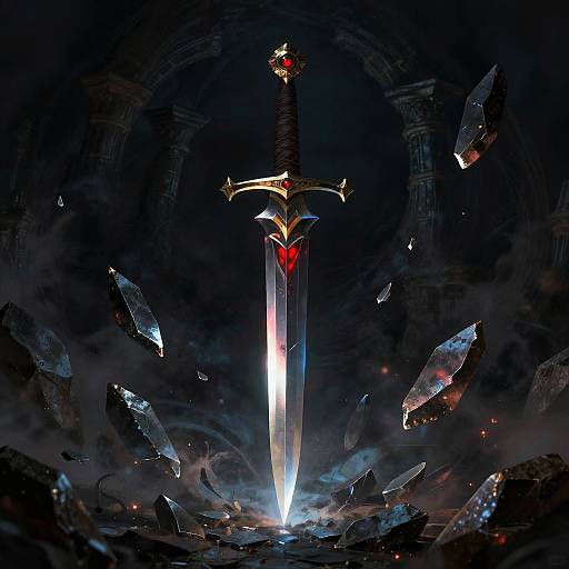 Digital artwork of a glowing, red-embellished sword piercing through shattered glass shards against a dark, smoky, ancient arch background.