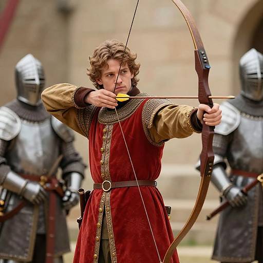 Medieval archer with curly brown hair, wearing red velvet tunic, drawing bow in castle courtyard, flanked by armored knights. Photorealistic