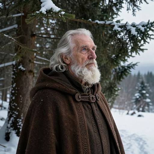 Photograph of an elderly white man with a long white beard, wearing a brown, patterned cloak, standing in a snowy forest.