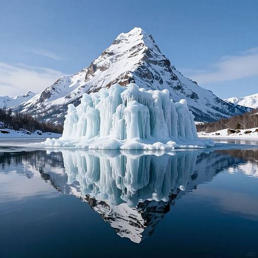 Photograph of a snow-capped mountain with large icicles hanging over a still, reflective lake, under a clear blue sky.
