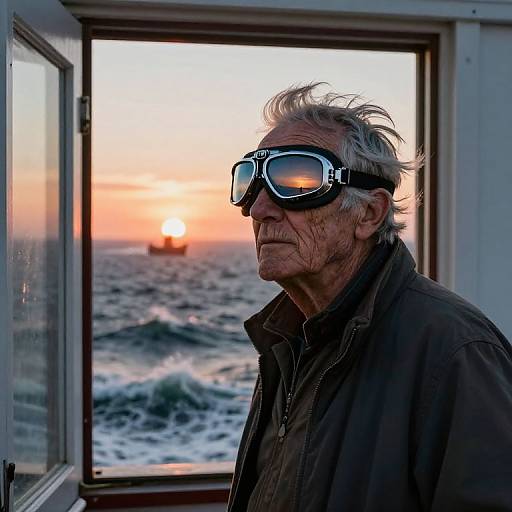 Photograph of an elderly man with white hair and sunglasses, standing by a window on a boat, watching a sunset over the ocean with waves in the