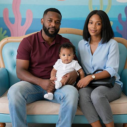 African-American Family on Colorful Aquatic Couch