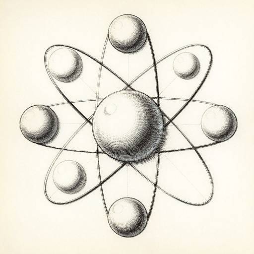 Black-and-white digital drawing of an atomic model with a central shaded sphere and six orbiting, shaded circles connected by lines.