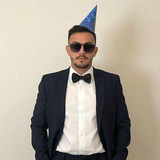 Photograph of a handsome man with short dark hair, beard, and sunglasses, wearing a blue party hat, black tuxedo, white shirt,