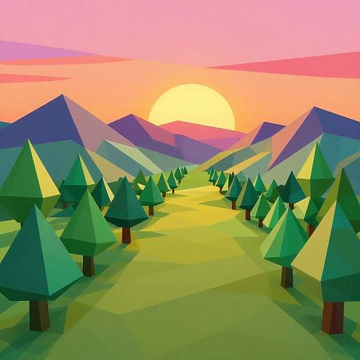 Digital art of a vibrant, polygonal forest at sunset with green trees, yellow-green grass, purple mountains, and a pink-orange sky.