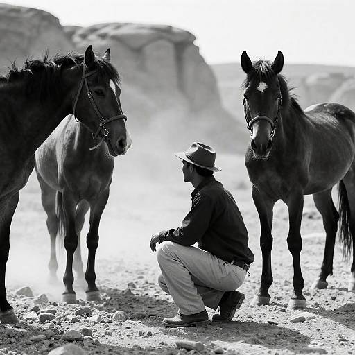 Crouched Man with Horses in Desert