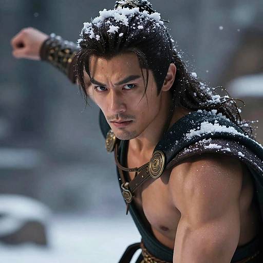 Photograph of a muscular, dark-haired man with snow on his hair, wearing a black, armored top in a snowy, forested landscape. Int