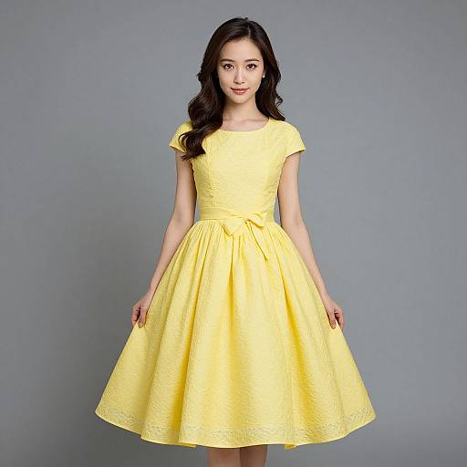 Photograph of an Asian woman with long black hair, wearing a bright yellow, short-sleeved, knee-length dress with a bow at the waist