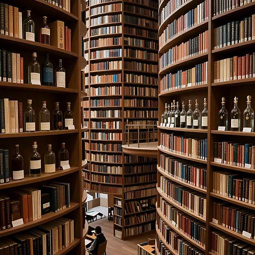 Photograph of a grand library with towering, curved wooden bookshelves filled with books and bottles, a person reading at a table below. Warm,