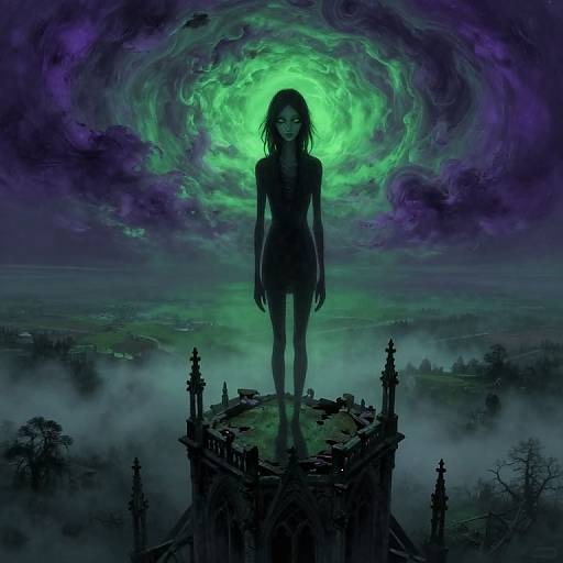 Digital painting of a silhouetted woman standing on a ruined tower, glowing green aura behind her, dark purple swirling sky.