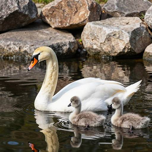 Swan Family Gliding on Calm Water