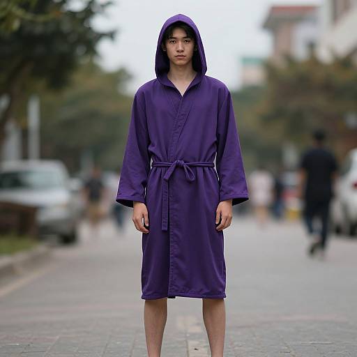 Photograph of a young Asian man standing on a blurred urban street, wearing a purple hooded bathrobe, with a neutral expression.