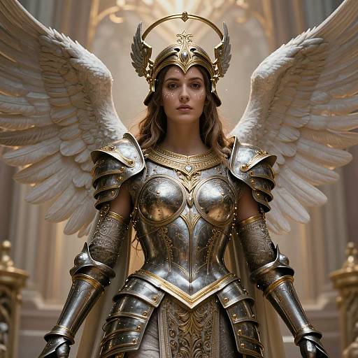 Digital artwork of a young woman with angel wings, wearing detailed golden and silver armor, standing in a grand, illuminated cathedral.