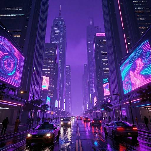 Neon-lit, cyberpunk city street at night, purple and pink holographic billboards, wet streets reflecting car lights, tall skyscrapers