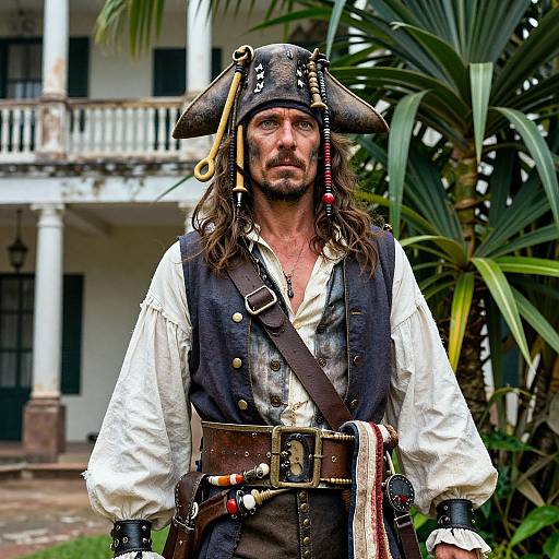 Photograph of a rugged, long-haired man with a pirate hat, white shirt, and black vest, standing in front of a colonial-style building with