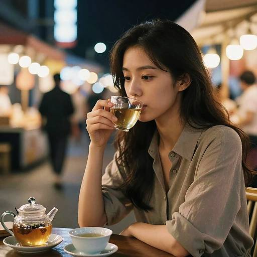 Photograph of an Asian woman with long black hair, sipping tea at an outdoor night market, wearing a gray button-down shirt. Blurred market