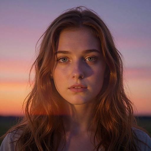 Photograph of a young woman with long, wavy brown hair, blue eyes, and fair skin, gazing directly at the camera against a colorful